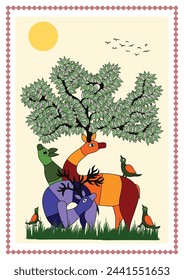 Enchanted Encounter: A Vibrant Gond Depiction of Deer and Tree. Gond art. Deer painting India. Wildlife art