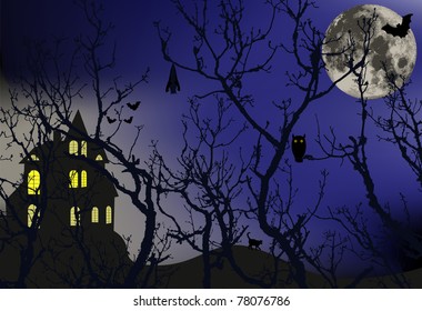 Enchanted forest with animals that hide and a large moon behind the branches of trees, vector illustration