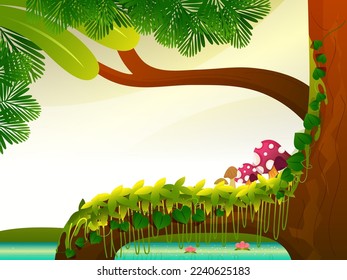 Enchanted Forest Background With Tree Decorated By Vine, Mushroom.