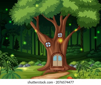 Enchanted forest background with tree house illustration