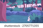 Enchanted forest with birds, rabbit and moose flat illustration background. Woodland animals. Natural habitat. Peaceful nature with wildlife 2D cartoon backdrop. Colorful scene vector art image