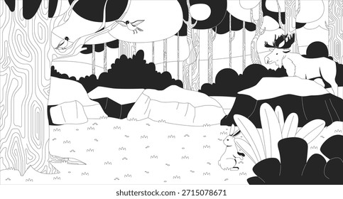 Bosque encantado con pájaros, conejo y alce línea ilustración de fondo. Animales del bosque. Hábitat natural. Naturaleza tranquila con fondo monocromo de contorno de tinta 2D de vida silvestre. Vector lineal