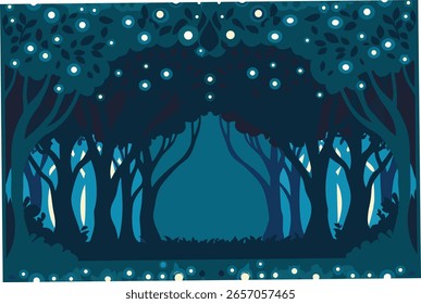 Enchanted forest canopy with glowing orbs trees night