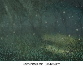 Enchanted forest copy space background. Enchanted forest copy space background for text. Illustration of enchanted forest for copy space background. Enchanted forest copy space illustration for design
