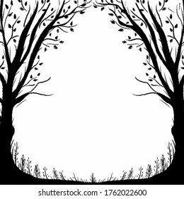 An Enchanted forest is drawn. Vector black and white frame. Silhouette of trees and grass.