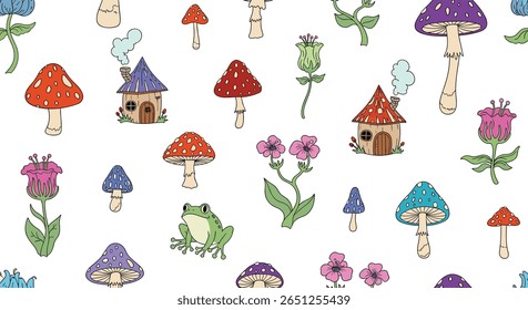 Enchanted forest fairy tale mushroom village and woodland creatures pattern