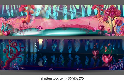 Enchanted forest horizontal banners with magic trees flowers pond in day and night time for game design vector illustration 