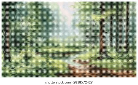 Enchanted forest landscape with lush green trees winding woodland path and soft light filtering through leaves creative digital painting with halftone effect.
