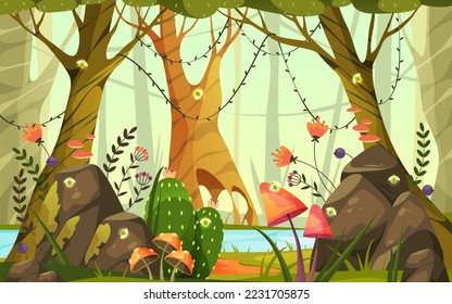 Enchanted forest or magic woodland, vector banner