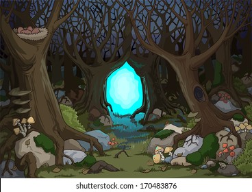 Enchanted Forest With A Magical Portal, Vector Illustration