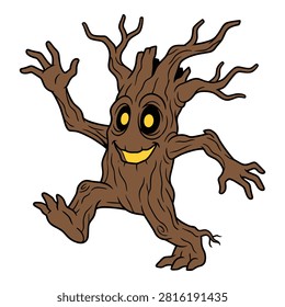 Enchanted forest monster, animated tree spirit dancing with joy, halloween.