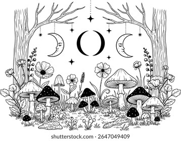 Enchanted Forest with Moon Phases Mystical Nature Scene Whimsical Botanical Illustration Black and White Line Art