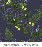 Enchanted forest night garden seamless pattern with delicate spring flowers and botanical elements.