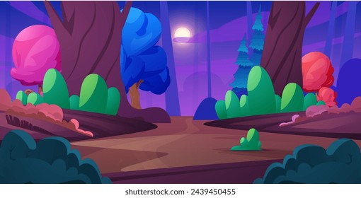 Camino del bosque encantado. Ilustración vectorial de un bosque mágico con caprichosos árboles coloridos bajo un cielo crepuscular.