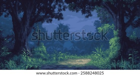 Enchanted forest pathway at night in 8bit pixel art for game design