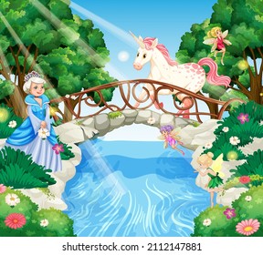 Enchanted forest scene with Princess and unicorn illustration