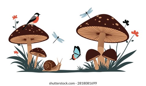 Enchanted forest scene with snails, butterflies, dragonflies, and a bird resting on large brown spotted mushrooms.