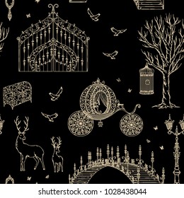 Enchanted forest. Seamless pattern with vintage gate, lantern, carriage, bridge, tree, chest, cage, mirror, deer. Fairy tale theme.  Collection of decorative design elements. Vector illustration