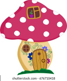 Enchanted forest toadstool mushrom house with door and windows, decorated with flowers, isolated on white background, kids vector illustration for storybook or other design. Cartoon style. 