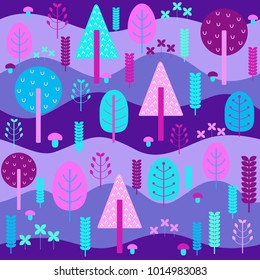 Enchanted forest vector seamless pattern, with scandinavian floral motif, fansy trees amd plants and mushrooms on violet hills, good for kids textile fabric, sport wear print, paper and other.