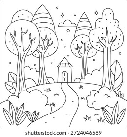 Encantado Forest Walk Coloring Page - Magical Woodland Scene Line Art