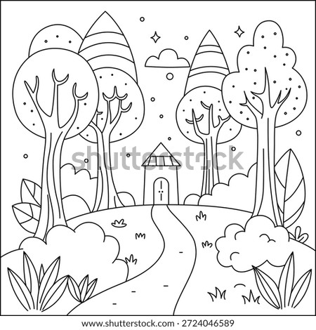 Enchanted Forest Walk Coloring Page – Magical Woodland Scene Line Art