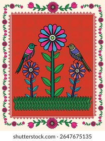 Enchanted Garden: Bird and Flowers Illustrated in Intricate Madhubani Art. Madhubani art, Bird flower art, Indian folk art Mithila painting