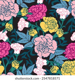 Enchanted Garden Colorful Bloom Carnation Pattern. Perfect for a wide range of applications, from home decor to fashion, this pattern brings a touch of whimsy and floral charm to any project.