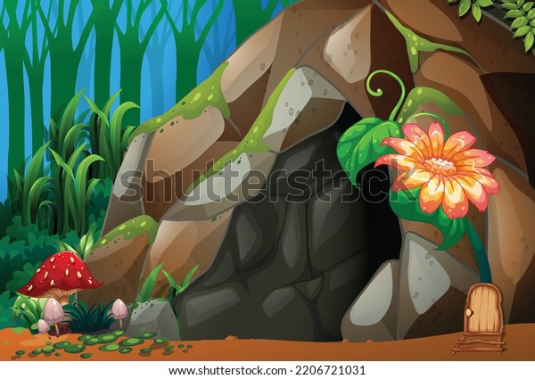 Enchanted Garden Forest Cave Flowers Trees Stock Vector Royalty Free