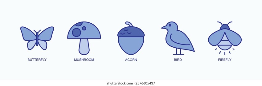 Enchanted Garden Icon Set Isolated Vector With Icon Of Butterfly, Mushroom, Acorn, Bird, Firefly In Blue Style