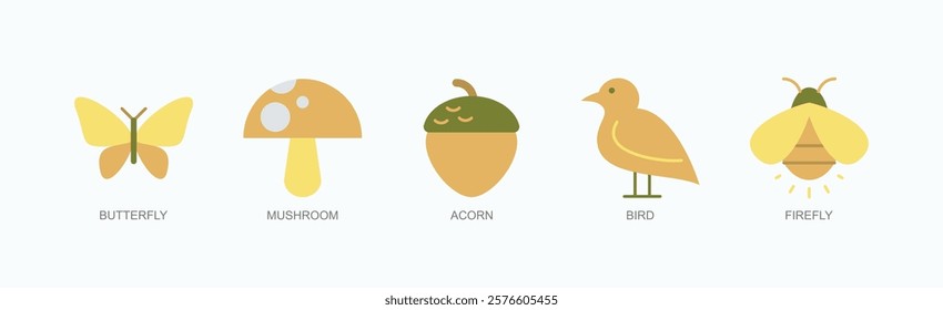 Enchanted Garden Icon Set Isolated Vector With Icon Of Butterfly, Mushroom, Acorn, Bird, Firefly In Flat Style