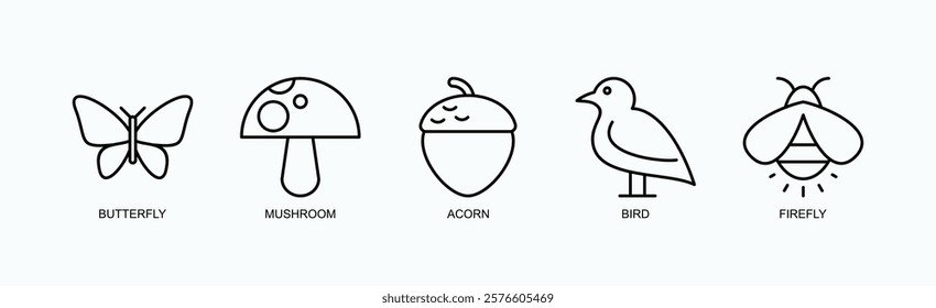 Enchanted Garden Icon Set Isolated Vector With Icon Of Butterfly, Mushroom, Acorn, Bird, Firefly In Outline Style