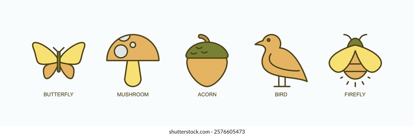 Enchanted Garden Icon Set Isolated Vector With Icon Of Butterfly, Mushroom, Acorn, Bird, Firefly In Outline Color Style