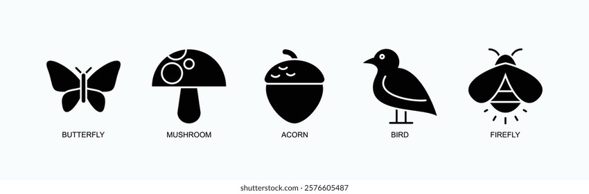 Enchanted Garden Icon Set Isolated Vector With Icon Of Butterfly, Mushroom, Acorn, Bird, Firefly In Glyph Style