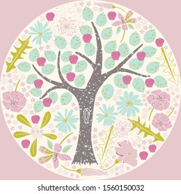 Enchanted garden illustration. Apple trees and flowers. Image for printing on paper, cards, covers.