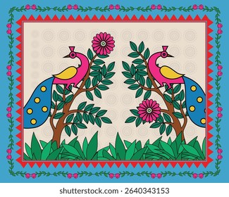 Enchanted Garden: Madhubani Art of Birds, Blossoms, and a Tree. Madhubani art, Mithila painting, Indian folk art, Peacock parrot Madh