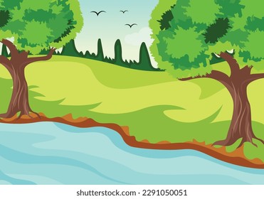 Enchanted garden scene with river illustrations