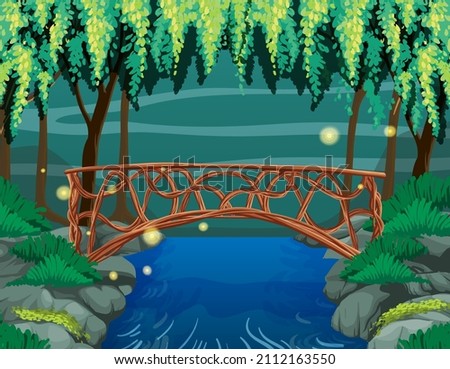 Enchanted garden scene with stone bridge illustration