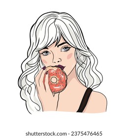 Enchanted girl dressed in summer colours holding a donut. For printing, packaging, postcards, designers, clothing, interior, badges, logos
