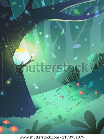 Enchanted Glowing Forest Fairytale Background. Magical forest at night wallpaper graphics, with glowing firefly lamp on the tree. Vector fairytale background for children.