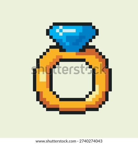 Enchanted Gold Ring Pixel Art Icon with Blue Gem