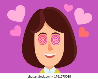 Encantada y enamorada, retrato. Una mujer hechicera con magia en sus ojos. Amor y obsesión. Ilustración vectorial, diseño plano, estilo de dibujos animados, fondo aislado.