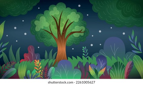 Enchanted magical scenery. Dream forest. Mysterious night landscape. Nature trees in shadow. Starry dark sky. Fairytale summer panorama. Nighttime meadow. Vector cartoon tidy background