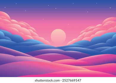 Enchanted Magical twilight hues landscape illustration with serene magical sunset and vibrant pastel colors.