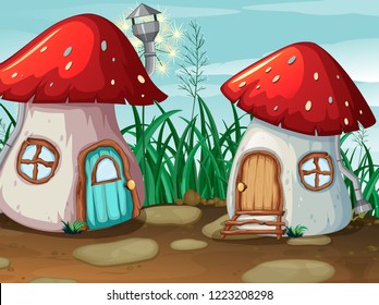 Enchanted mushroom house in nature illustration