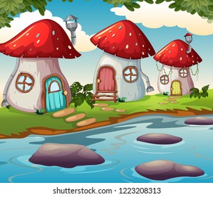 Enchanted mushroom house in nature illustration