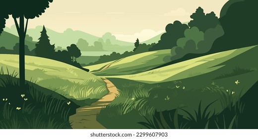Enchanted Path through Serene Trees and Lush Grasslands