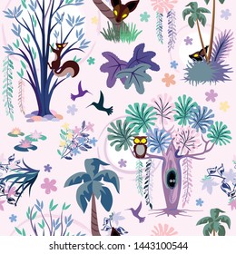 Enchanted Pink Jungle Seamless Pattern Vector Textile Design 