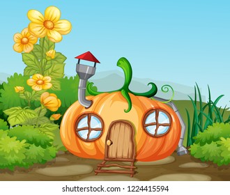 Enchanted pumkin house in nature illustration