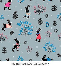 Enchanted Rabbit Haven, cute hand drawn design , seamless pattern for fabric and wrapping paper surfaces